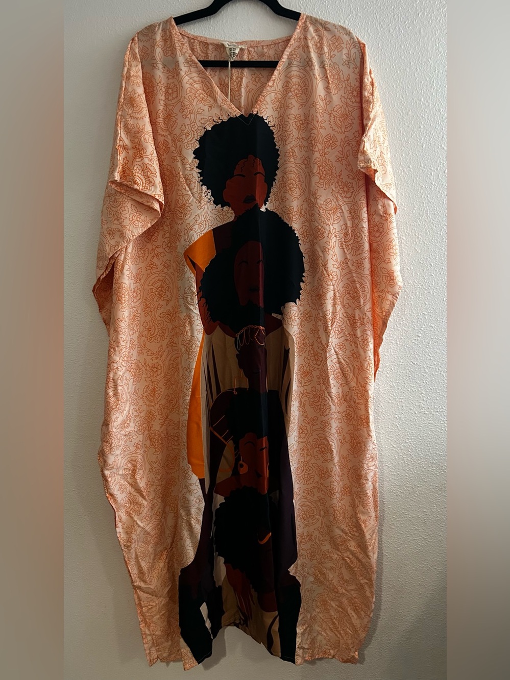 Peach Printed Kaftan Dress with Afro Silhouette Panel